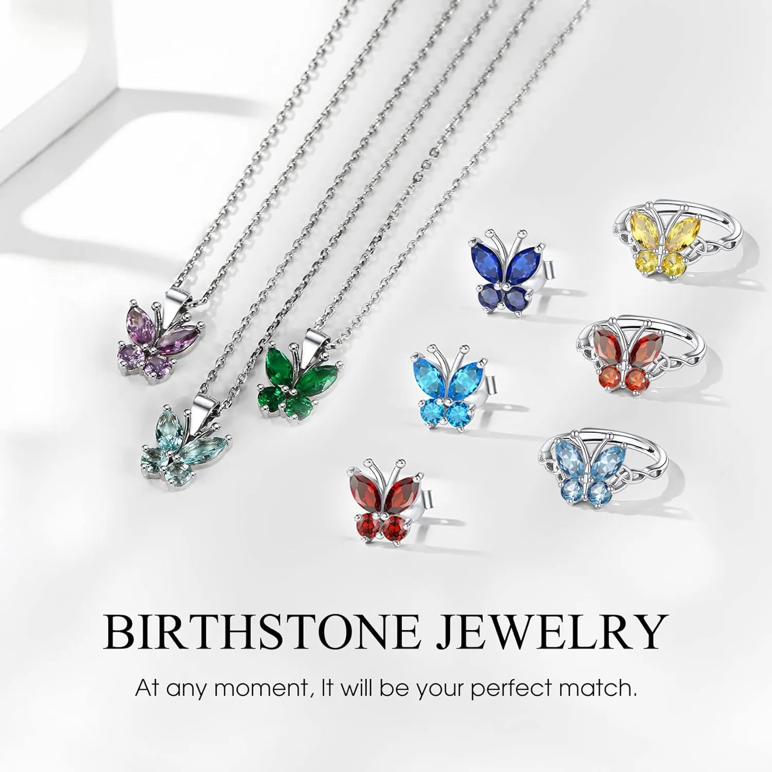 Bestyle Sterling Silver Birthstone Rings for Women, Dainty Butterfly Stackable Ring Adjustable Ideal Valentine's Gifts for Her