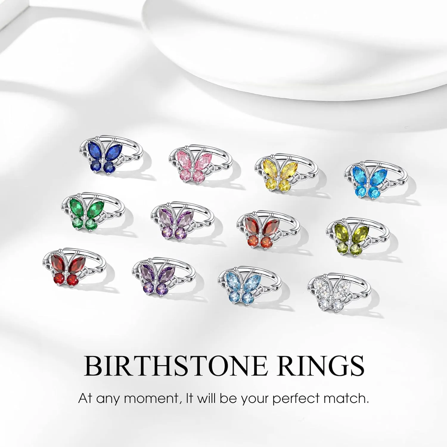 Bestyle Sterling Silver Birthstone Rings for Women, Dainty Butterfly Stackable Ring Adjustable Ideal Valentine's Gifts for Her