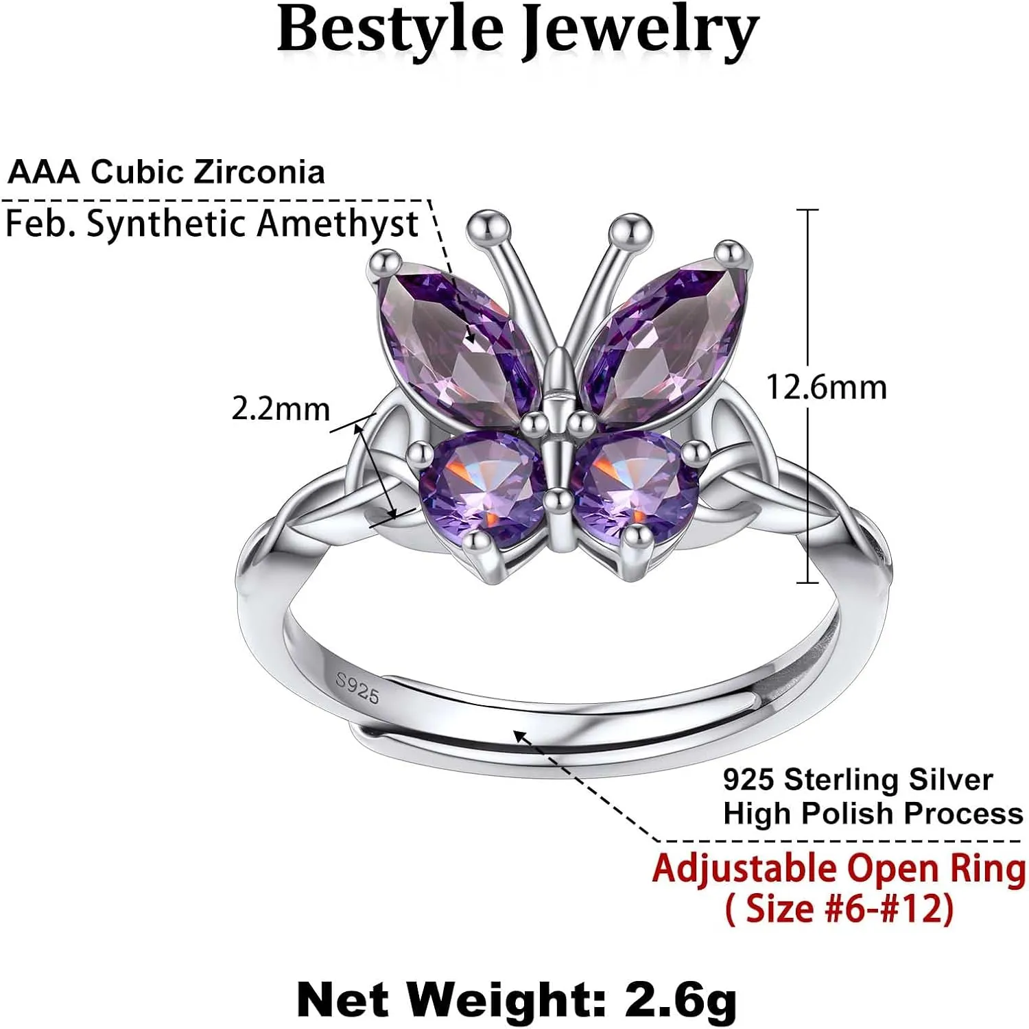 Bestyle Sterling Silver Birthstone Rings for Women, Dainty Butterfly Stackable Ring Adjustable Ideal Valentine's Gifts for Her
