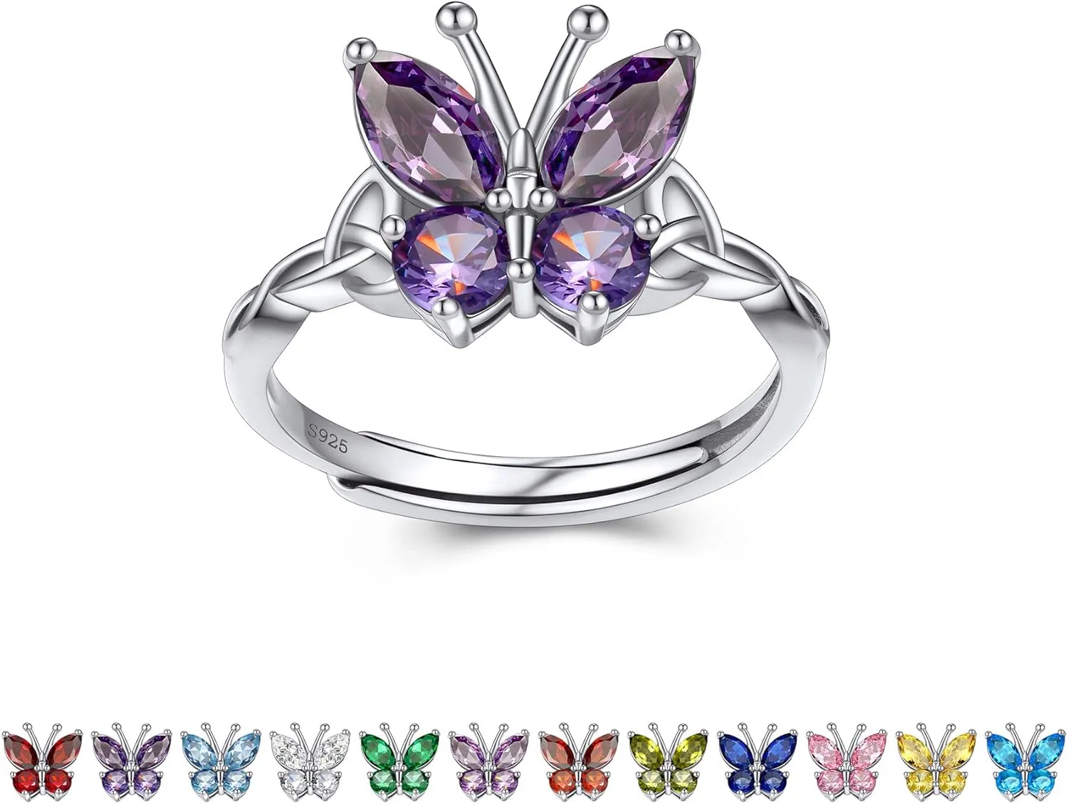 Bestyle Sterling Silver Birthstone Rings for Women, Dainty Butterfly Stackable Ring Adjustable Ideal Valentine's Gifts for Her