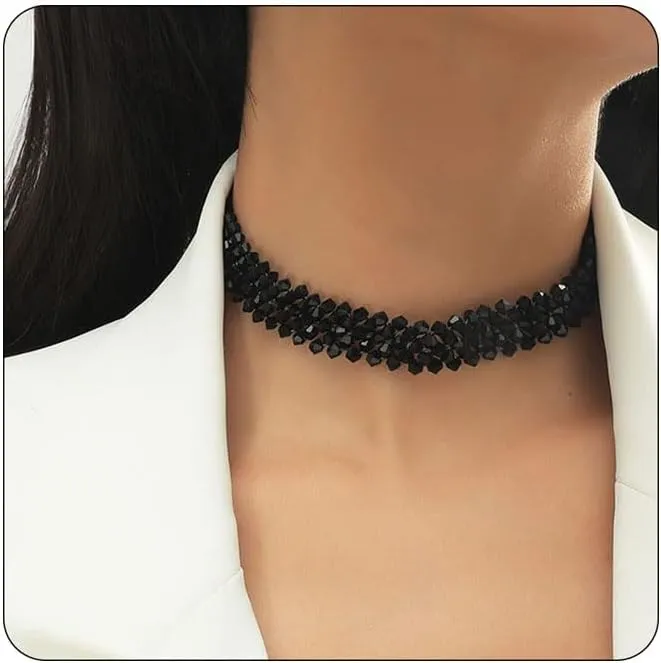 Bethynas Vintage Black Crystal Choker Necklace Braided Wide Collar Necklace Sexy Diamond-cut Crystal Necklace Prom Party Festival Accessories for Women and Girls
