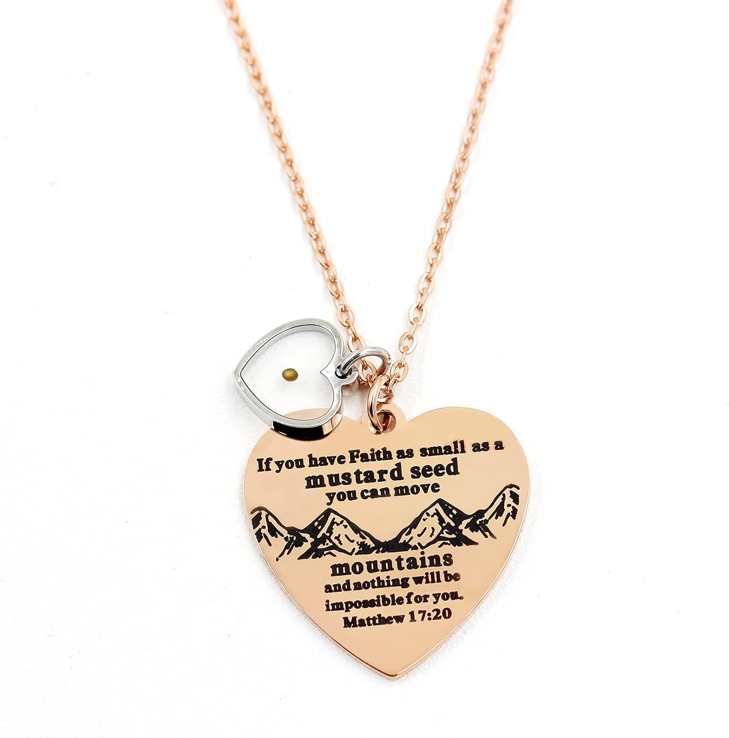 Bible Verse Cross Heart Double Sided Necklace If You Have Faith as Small as Mustard Seed You Can Move Mountains Matthew 17:20