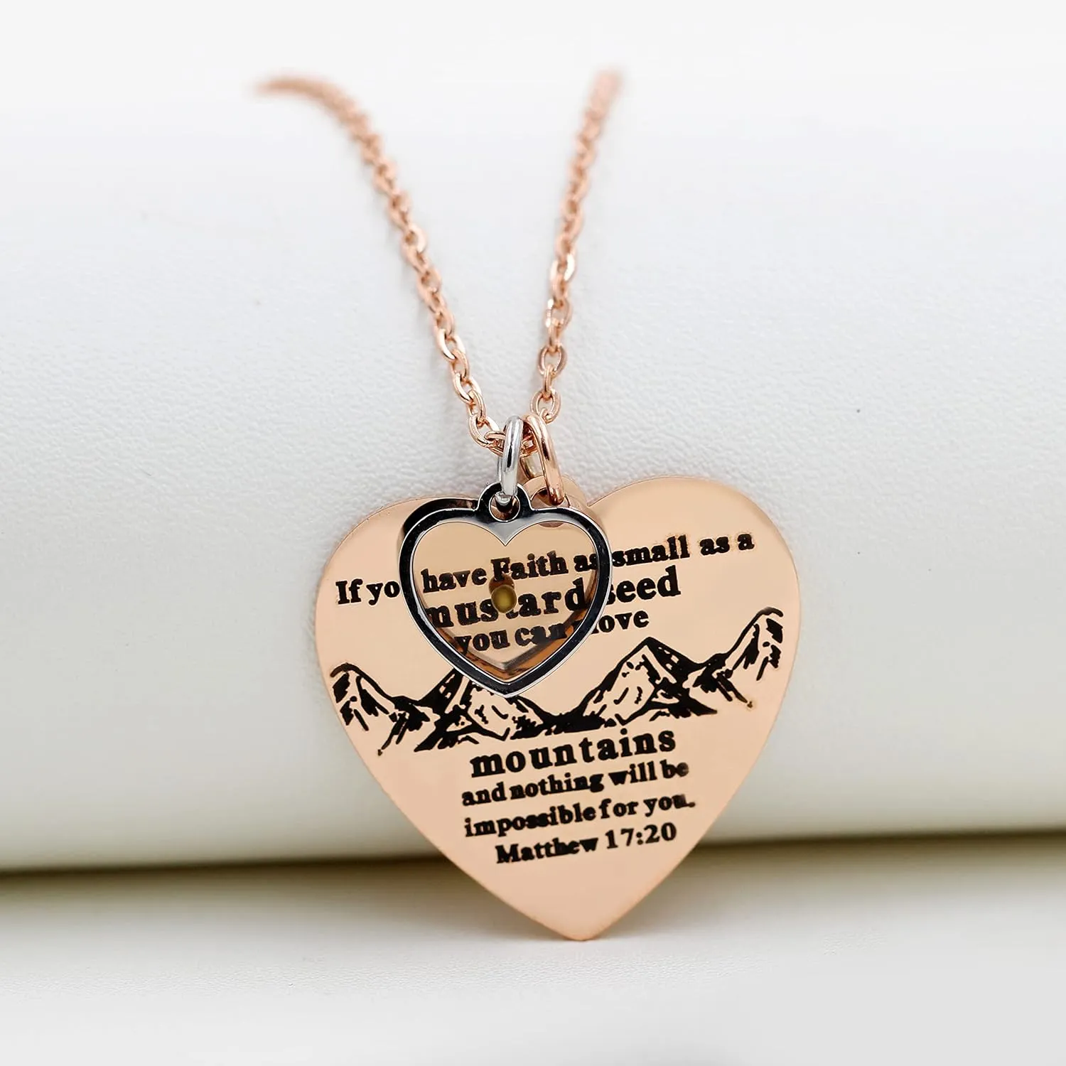 Bible Verse Cross Heart Double Sided Necklace If You Have Faith as Small as Mustard Seed You Can Move Mountains Matthew 17:20