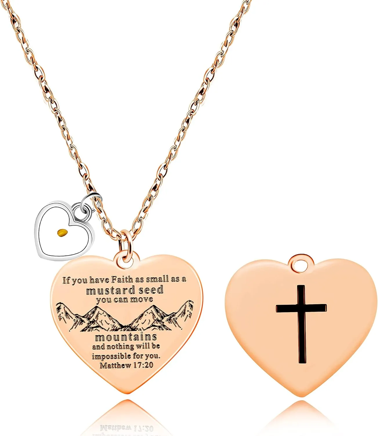 Bible Verse Cross Heart Double Sided Necklace If You Have Faith as Small as Mustard Seed You Can Move Mountains Matthew 17:20