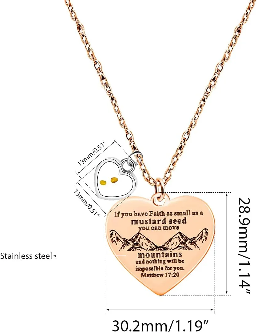 Bible Verse Cross Heart Double Sided Necklace If You Have Faith as Small as Mustard Seed You Can Move Mountains Matthew 17:20