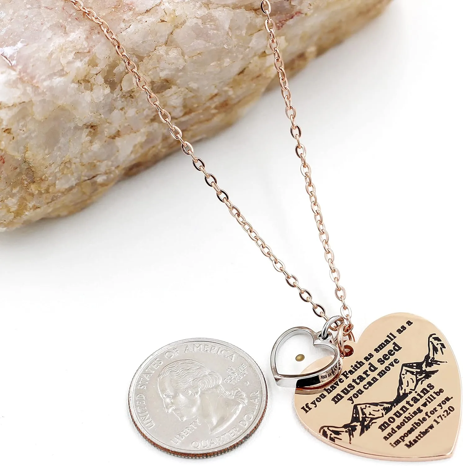 Bible Verse Cross Heart Double Sided Necklace If You Have Faith as Small as Mustard Seed You Can Move Mountains Matthew 17:20