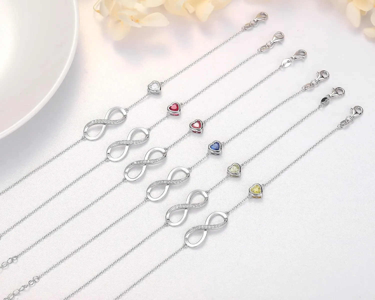 Birthstone Jewelry for Women, Silver Birth Stone Charm Bracelet Infinity with Cubic Zirconia, Adjustable Love Heart Chain Jewelry Gifts for Anniversary Christmas