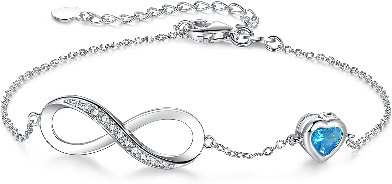 Birthstone Jewelry for Women, Silver Birth Stone Charm Bracelet Infinity with Cubic Zirconia, Adjustable Love Heart Chain Jewelry Gifts for Anniversary Christmas