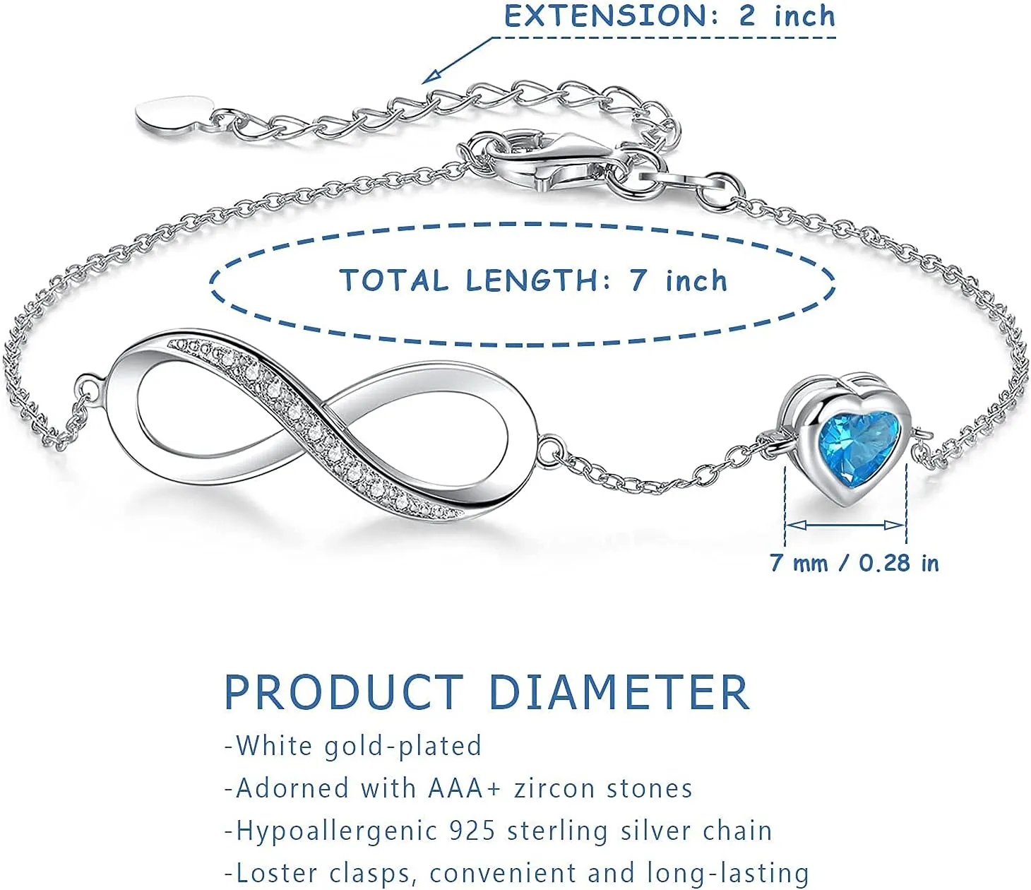 Birthstone Jewelry for Women, Silver Birth Stone Charm Bracelet Infinity with Cubic Zirconia, Adjustable Love Heart Chain Jewelry Gifts for Anniversary Christmas