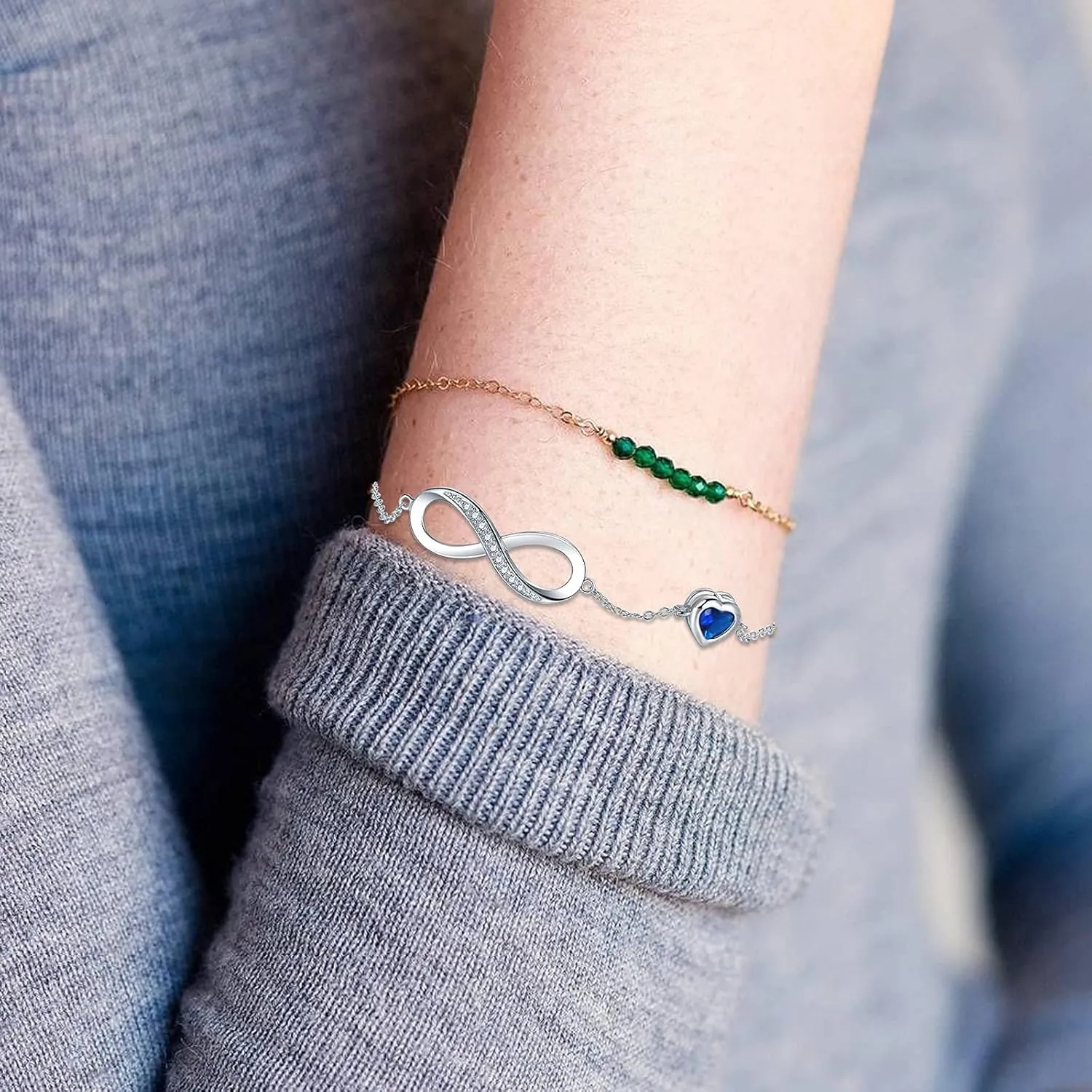 Birthstone Jewelry for Women, Silver Birth Stone Charm Bracelet Infinity with Cubic Zirconia, Adjustable Love Heart Chain Jewelry Gifts for Anniversary Christmas
