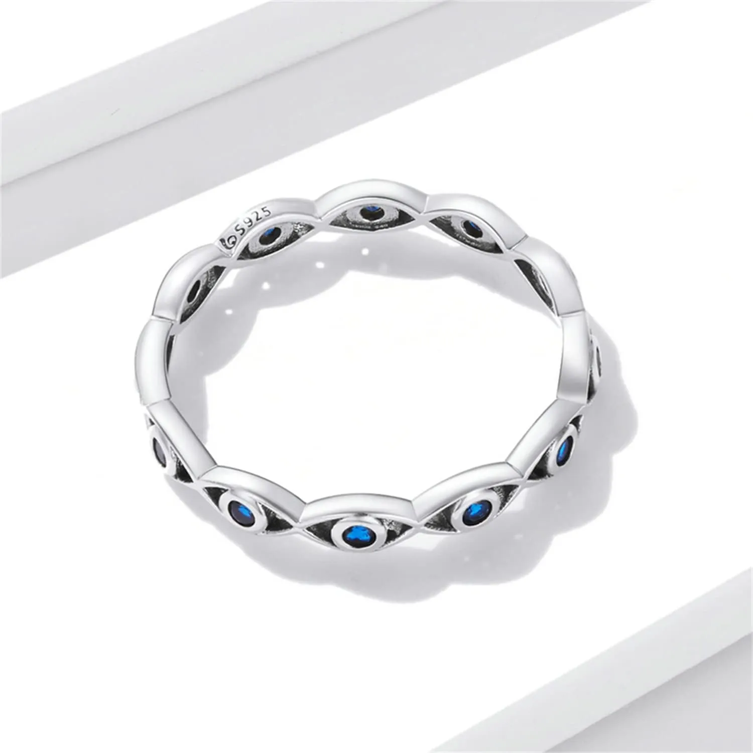 BISAER Evil Eye Ring 925 Sterling Silver with Royal Blue Gemstones Classics Lucky Eye Cubic Zirconia Stacking Eternity Finger Rings Bands Promise Ring for Lover Size 6-9