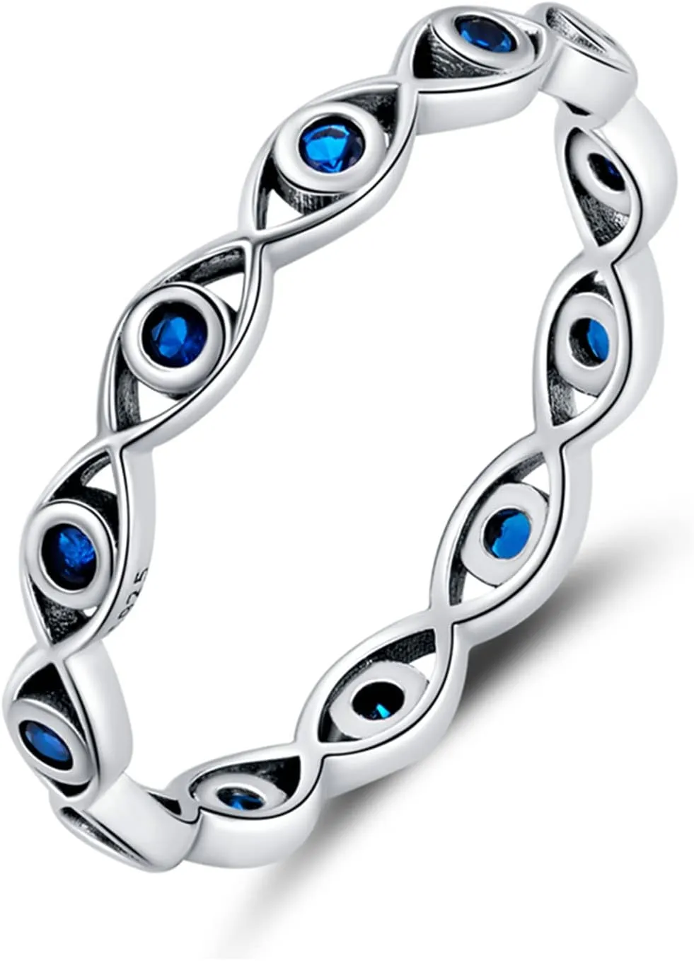 BISAER Evil Eye Ring 925 Sterling Silver with Royal Blue Gemstones Classics Lucky Eye Cubic Zirconia Stacking Eternity Finger Rings Bands Promise Ring for Lover Size 6-9