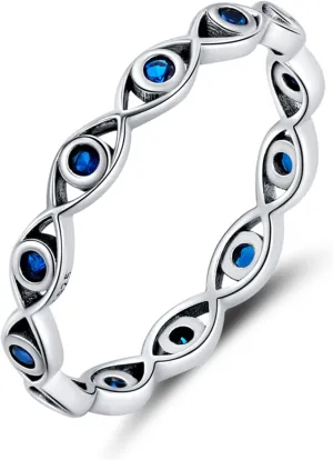 BISAER Evil Eye Ring 925 Sterling Silver with Royal Blue Gemstones Classics Lucky Eye Cubic Zirconia Stacking Eternity Finger Rings Bands Promise Ring for Lover Size 6-9