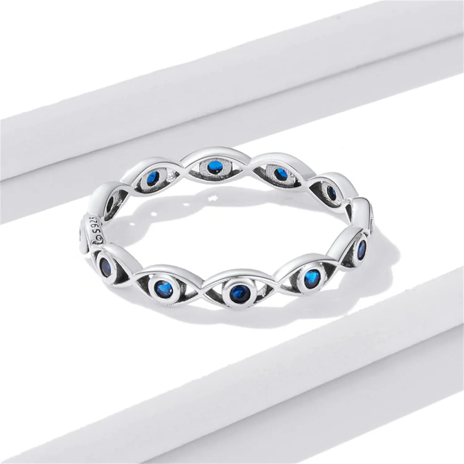 BISAER Evil Eye Ring 925 Sterling Silver with Royal Blue Gemstones Classics Lucky Eye Cubic Zirconia Stacking Eternity Finger Rings Bands Promise Ring for Lover Size 6-9
