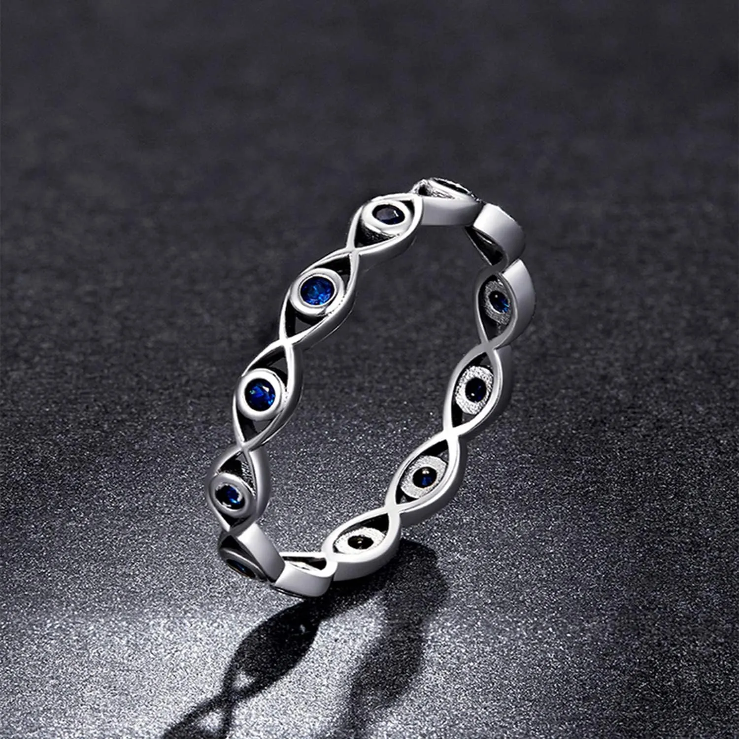 BISAER Evil Eye Ring 925 Sterling Silver with Royal Blue Gemstones Classics Lucky Eye Cubic Zirconia Stacking Eternity Finger Rings Bands Promise Ring for Lover Size 6-9