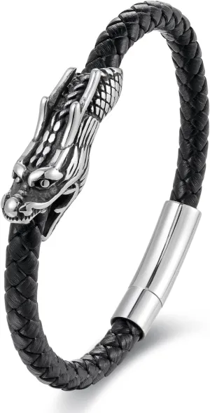 Black Braided Leather Bangle Bracelet, Vintage Dragon Head fortune lucky protection, Steel Spring Clasp, Mens Womens, Unique
