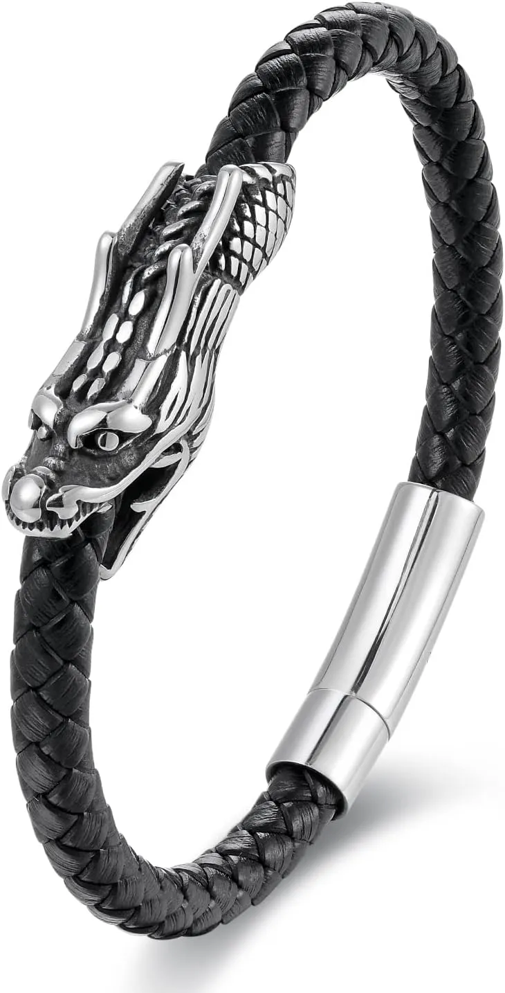 Black Braided Leather Bangle Bracelet, Vintage Dragon Head fortune lucky protection, Steel Spring Clasp, Mens Womens, Unique