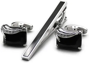 Black Cufflinks and tie clip set with Gift Box wedding party Business Meeting mens Cufflinks give fathers day Valentines Day or men birthday Gift