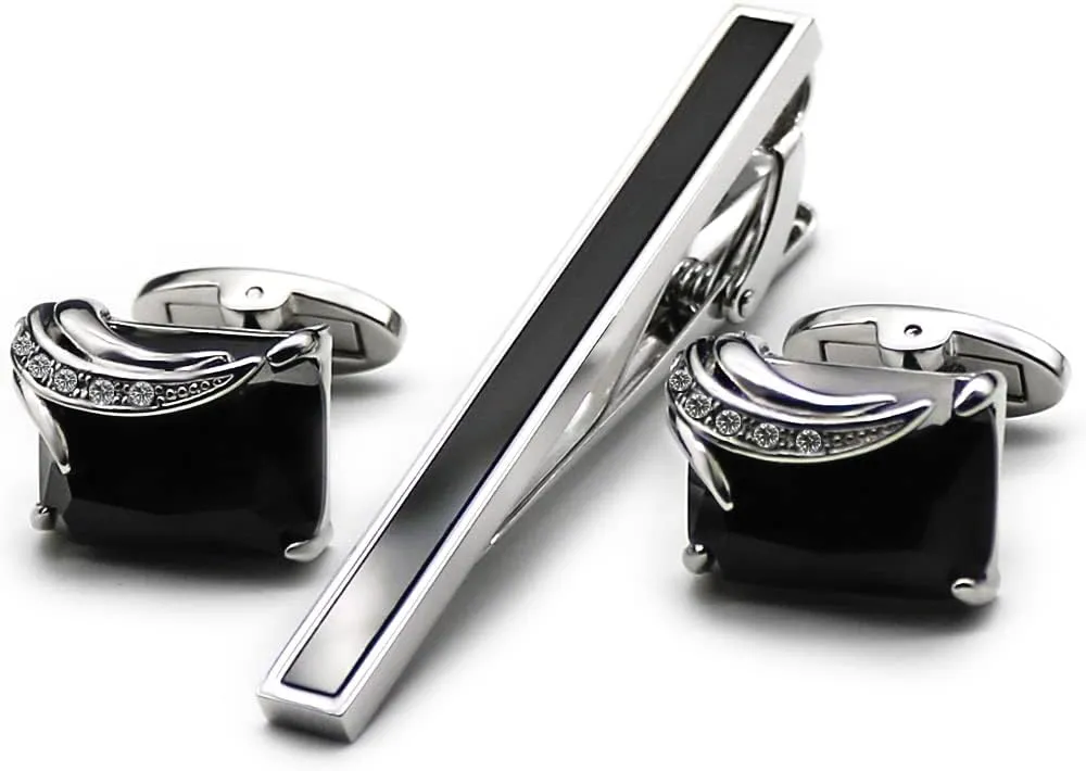 Black Cufflinks and tie clip set with Gift Box wedding party Business Meeting mens Cufflinks give fathers day Valentines Day or men birthday Gift