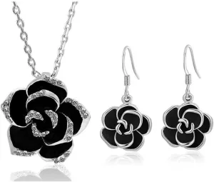 Black Jewelry Sets for Women, Rose Camellia Flower Necklace Earrings Set Fashion Rhinestone Wedding Bridal Black Rose Crystal Accessories Statement Necklac Elegant Jewelry