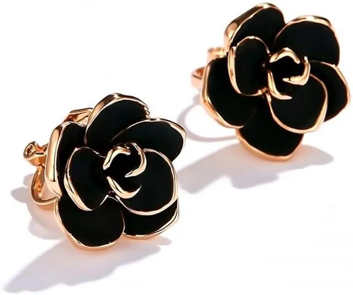 Black Rose Flower Vintage Rose Gold Plated Clip On Fake Stud Earrings for Women No Piercings Ear Fashion Elegant Vintage Wedding Jewelry Gifts for Birthday Hypoallergenic 15mm