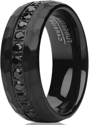 Black Tungsten Ring Man's Wedding Band 8mm Hammered CZ Diamond Anniversary & Engagement Comfort Fit Unique Dome Shape Unisex