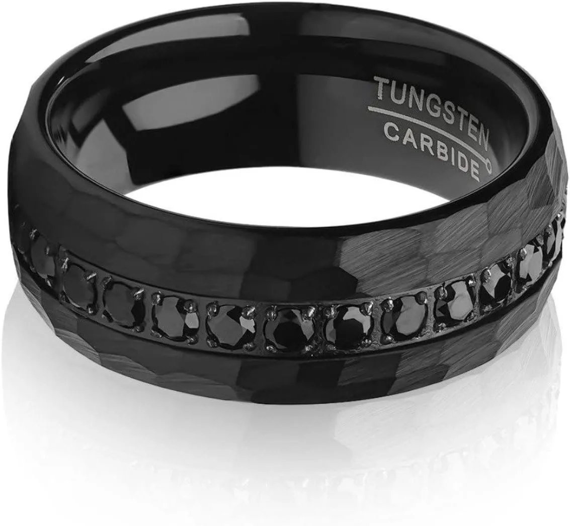 Black Tungsten Ring Man's Wedding Band 8mm Hammered CZ Diamond Anniversary & Engagement Comfort Fit Unique Dome Shape Unisex