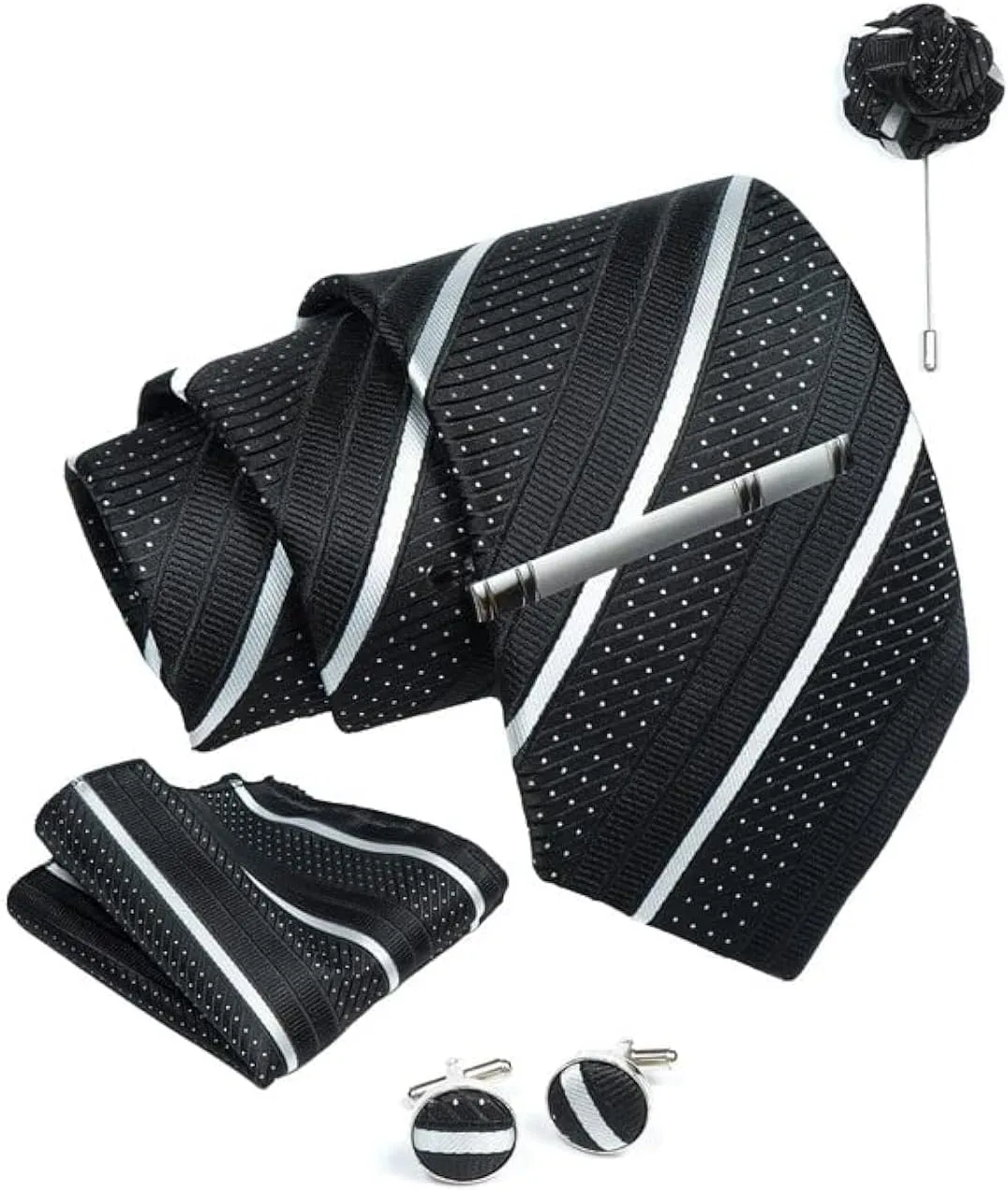 Black White Striped Ties For Men  Tie Set With Pocket Square Cufflinks Tie Clip Bar & Flower Brooch Pin For Mens (Pack of 5) (AXTS50)