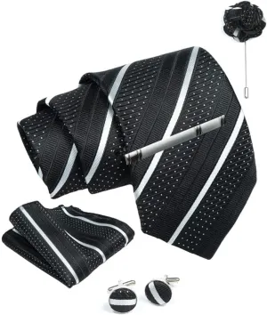Black White Striped Ties For Men  Tie Set With Pocket Square Cufflinks Tie Clip Bar & Flower Brooch Pin For Mens (Pack of 5) (AXTS50)