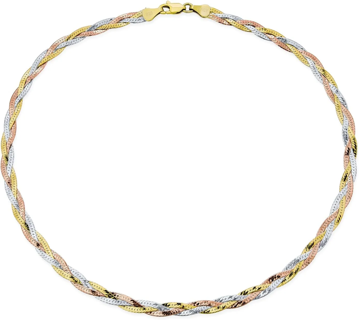 Bling Jewelry Flat Flexible 14K Yellow Rose Gold Overlay .925 Sterling Silver 5MM Twist 3 Tri Tone Herringbone Braided Magic Snake Chain Choker Necklace For Women Made In Italy 16 18 20 Inch