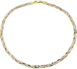 Bling Jewelry Flat Flexible 14K Yellow Rose Gold Overlay .925 Sterling Silver 5MM Twist 3 Tri Tone Herringbone Braided Magic Snake Chain Choker Necklace For Women Made In Italy 16 18 20 Inch