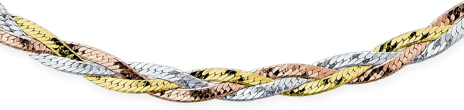 Bling Jewelry Flat Flexible 14K Yellow Rose Gold Overlay .925 Sterling Silver 5MM Twist 3 Tri Tone Herringbone Braided Magic Snake Chain Choker Necklace For Women Made In Italy 16 18 20 Inch
