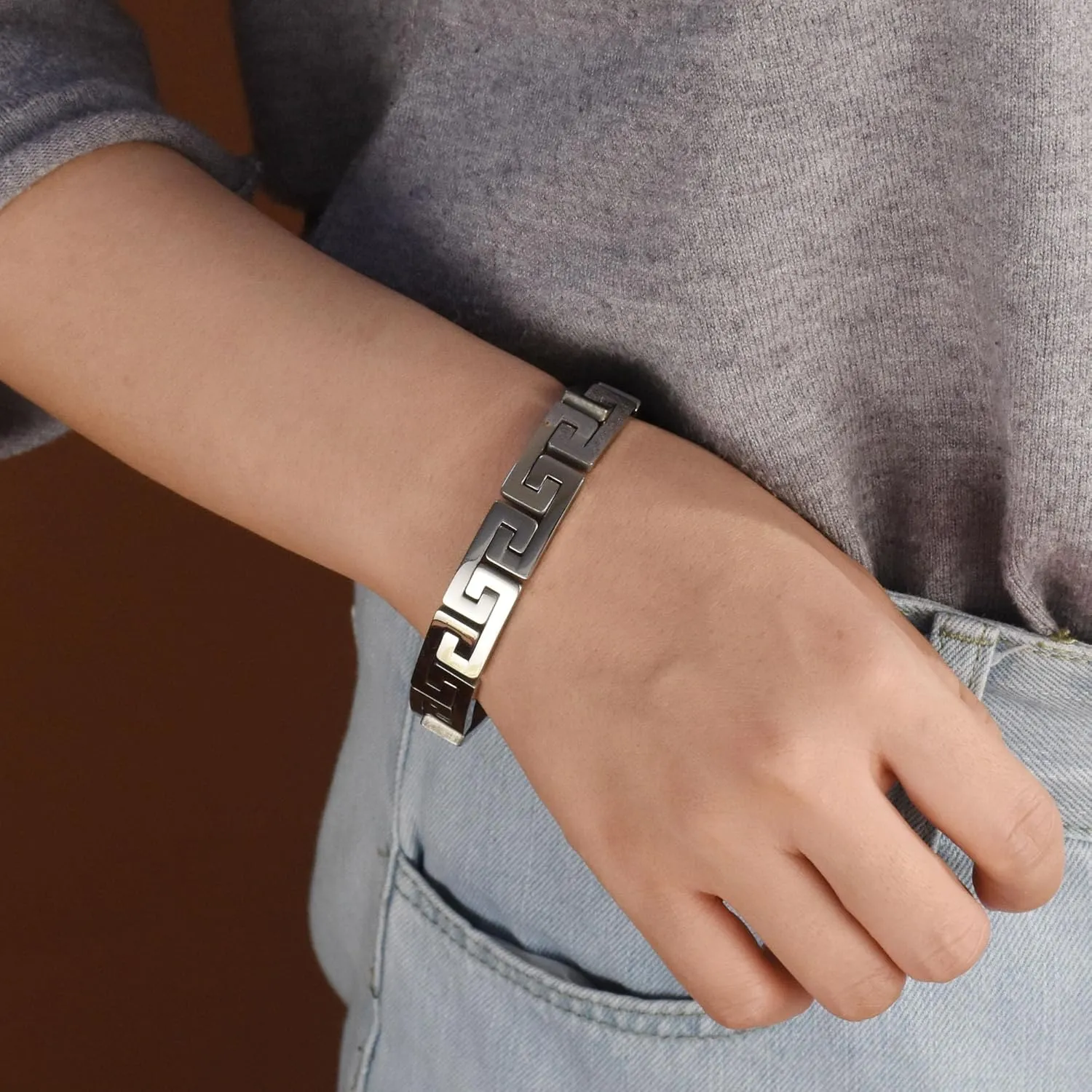 Bling Jewelry Masculine Geometric Infinity Key Link Bracelet for Teens Men Black Gold Silver Tone Stainless Steel and Wood Wristband 8.5-9 Inch Length 12MM Width