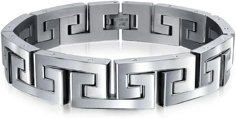 Bling Jewelry Masculine Geometric Infinity Key Link Bracelet for Teens Men Black Gold Silver Tone Stainless Steel and Wood Wristband 8.5-9 Inch Length 12MM Width
