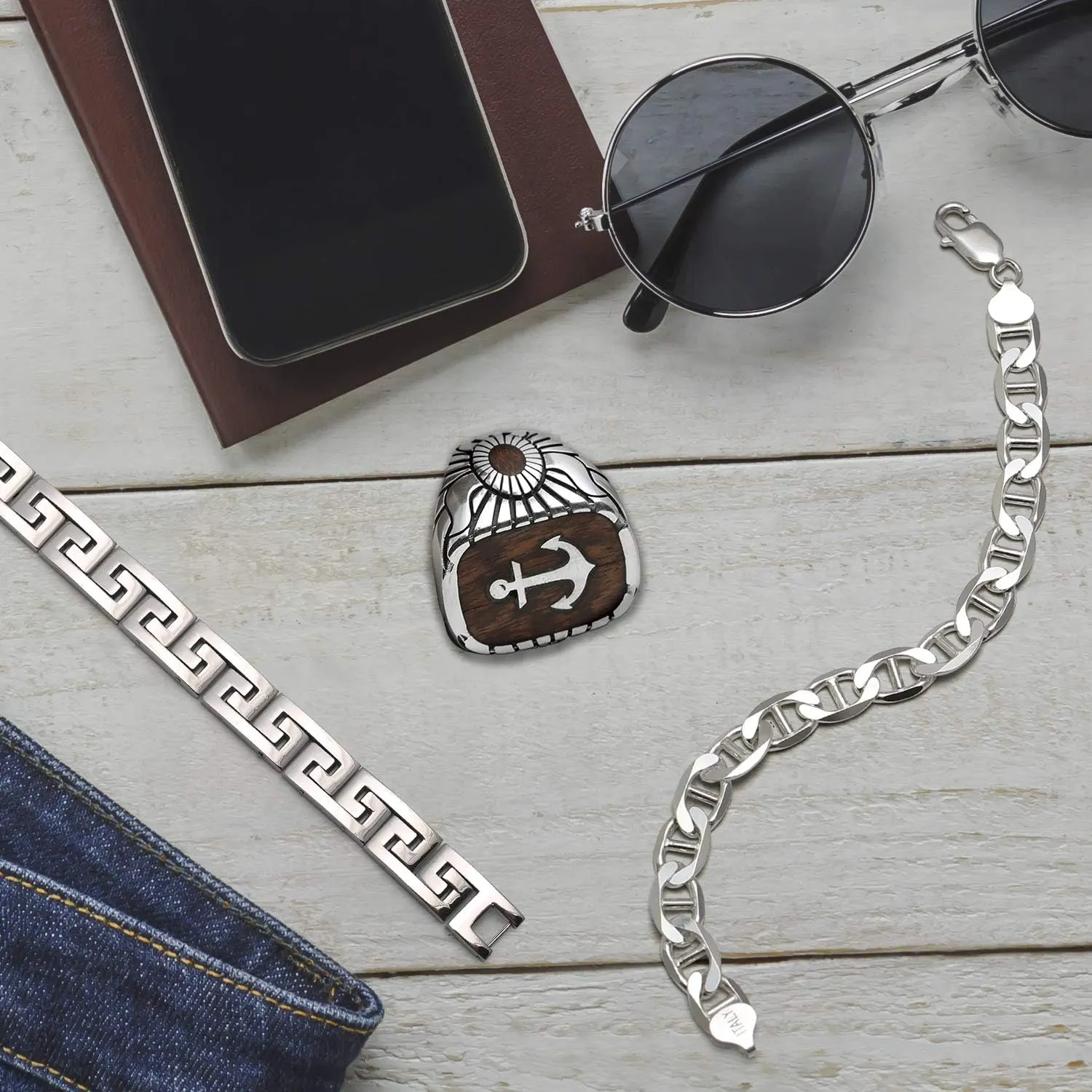 Bling Jewelry Masculine Geometric Infinity Key Link Bracelet for Teens Men Black Gold Silver Tone Stainless Steel and Wood Wristband 8.5-9 Inch Length 12MM Width
