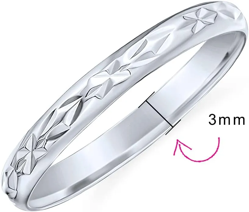 Bling Jewelry Personalize Elegant Unisex Couples Diamond Cut & Stash Striped Edge Pattern Wedding Band Ring For Men Women Polished Shiny Finish .925 Sterling Silver 3MM