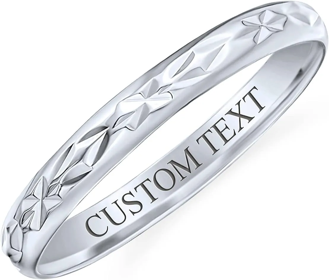 Bling Jewelry Personalize Elegant Unisex Couples Diamond Cut & Stash Striped Edge Pattern Wedding Band Ring For Men Women Polished Shiny Finish .925 Sterling Silver 3MM