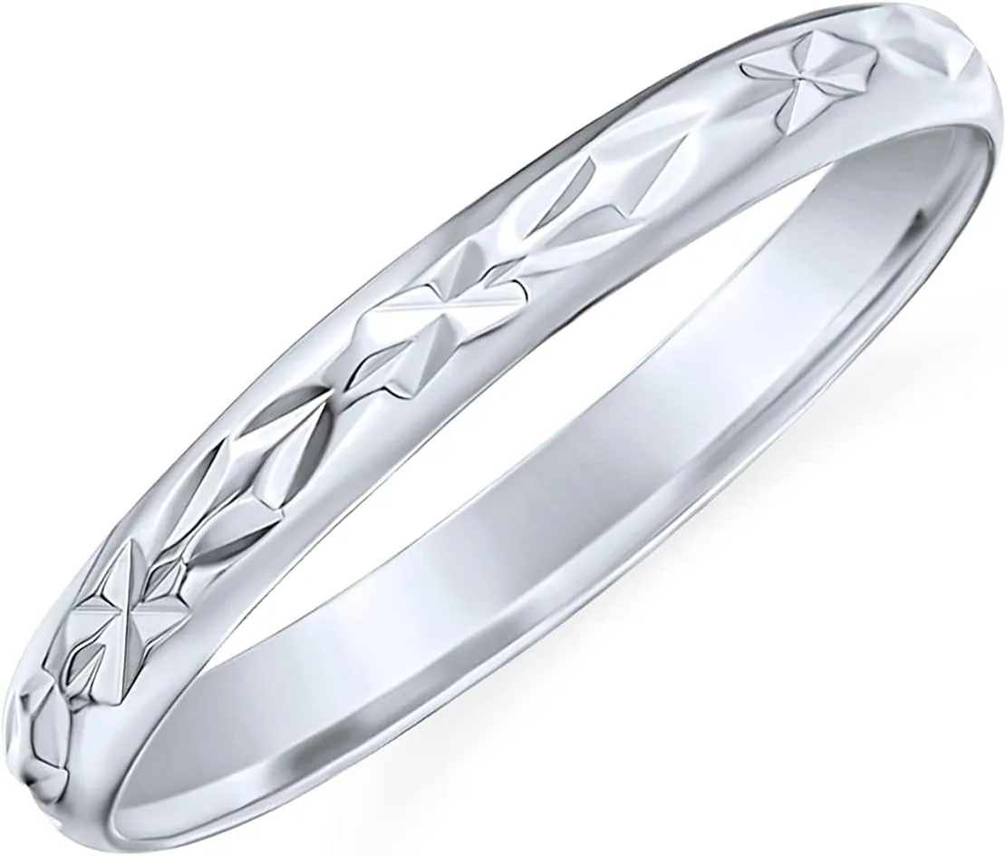 Bling Jewelry Personalize Elegant Unisex Couples Diamond Cut & Stash Striped Edge Pattern Wedding Band Ring For Men Women Polished Shiny Finish .925 Sterling Silver 3MM