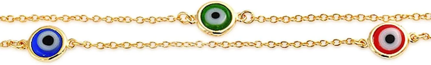 Bling Jewelry Protection Amulet Minimalist Delicate Double Row Aqua Blue Multi Color Evil Eye Anklet Ankle Bracelet For Women Teen .925 Sterling Silver 8.5-9.5 Inch Adjustable