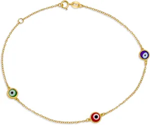 Bling Jewelry Protection Amulet Minimalist Delicate Double Row Aqua Blue Multi Color Evil Eye Anklet Ankle Bracelet For Women Teen .925 Sterling Silver 8.5-9.5 Inch Adjustable