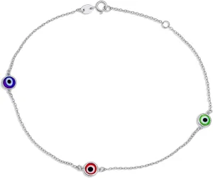Bling Jewelry Protection Amulet Minimalist Delicate Double Row Aqua Blue Multi Color Evil Eye Anklet Ankle Bracelet For Women Teen .925 Sterling Silver 8.5-9.5 Inch Adjustable