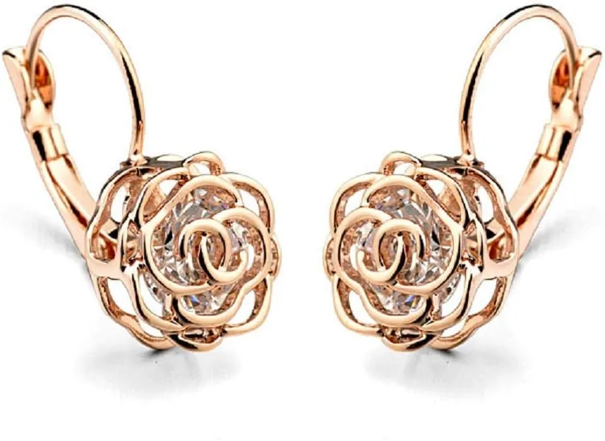 Blooming CZ Filigree 3D Rose Flower Crystal Leverback Dangle Drop Earrings for Women Sensitive Ear Sweet Dangling for Lovers Wedding Elegant Diamond Jewelry Gifts Hypoallergenic Her Girlfriend Valentines Day