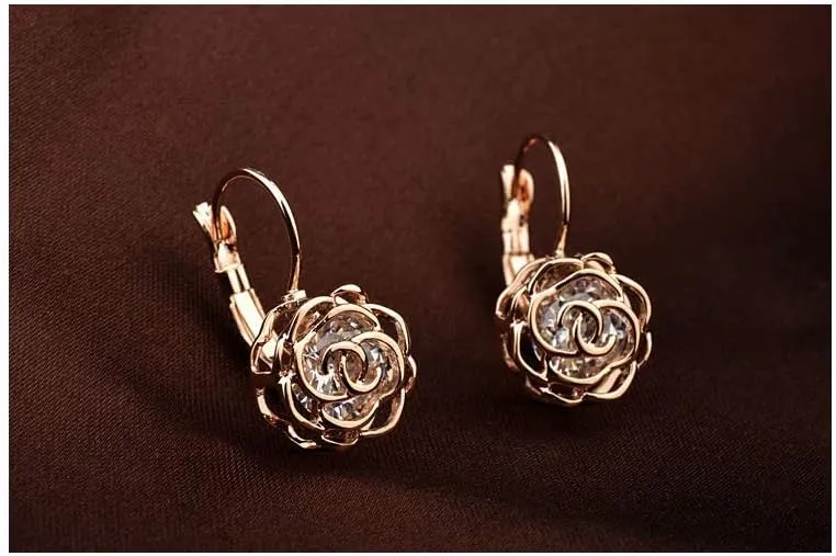Blooming CZ Filigree 3D Rose Flower Crystal Leverback Dangle Drop Earrings for Women Sensitive Ear Sweet Dangling for Lovers Wedding Elegant Diamond Jewelry Gifts Hypoallergenic Her Girlfriend Valentines Day