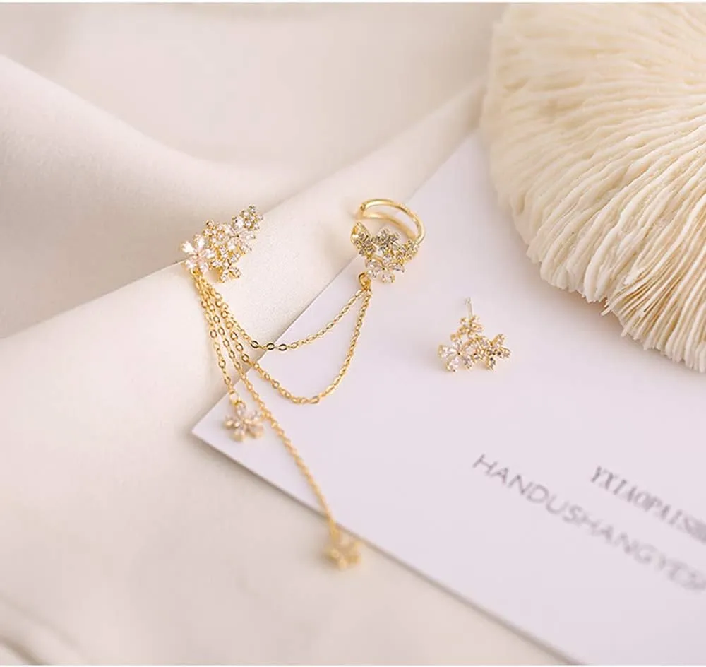 Blossom CZ Flower Ear Cuff Wrap Clip On Clawler Climber Hoop 925 Sterling Silver Stud Chain Threader Tassel Asymmetric Earrings for Women Girls Sensitive Ear Elegant Gifts for Wedding Bff
