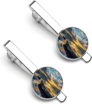 Blue Landscape Boat And Sea Men's Tie Clip Round Tie Bar Tie Tack Pins Jewelry Accessories for Father's Day Gifts