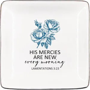 Blue Rose Floral Jewelry Tray, Christian Ceramic Jewelry Dish Tray for Rings & Earring for Women Graduation Gifts, His Mercies are New Every Morning Ring Dish, Christian Trinket Dish for Women