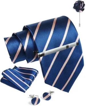 Blue Striped Ties For Men  Tie Set With Pocket Square Cufflinks Tie Clip Bar & Flower Brooch Pin For Mens (Pack of 5) (AXTS60)