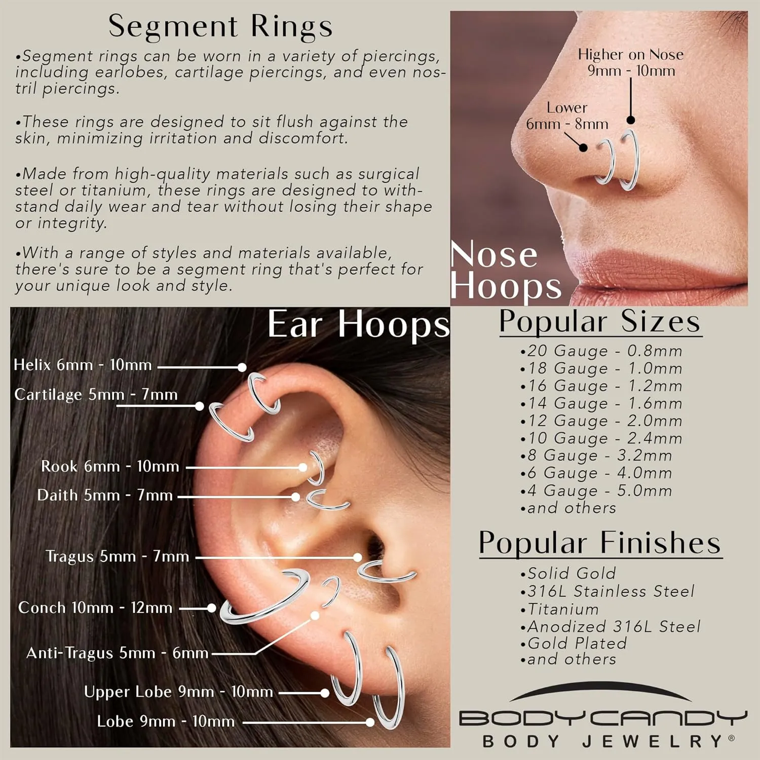 Body Candy Segment Hoop Nose Rings 16 Gauge 316l Surgical Steel Lip Ring Cartilage