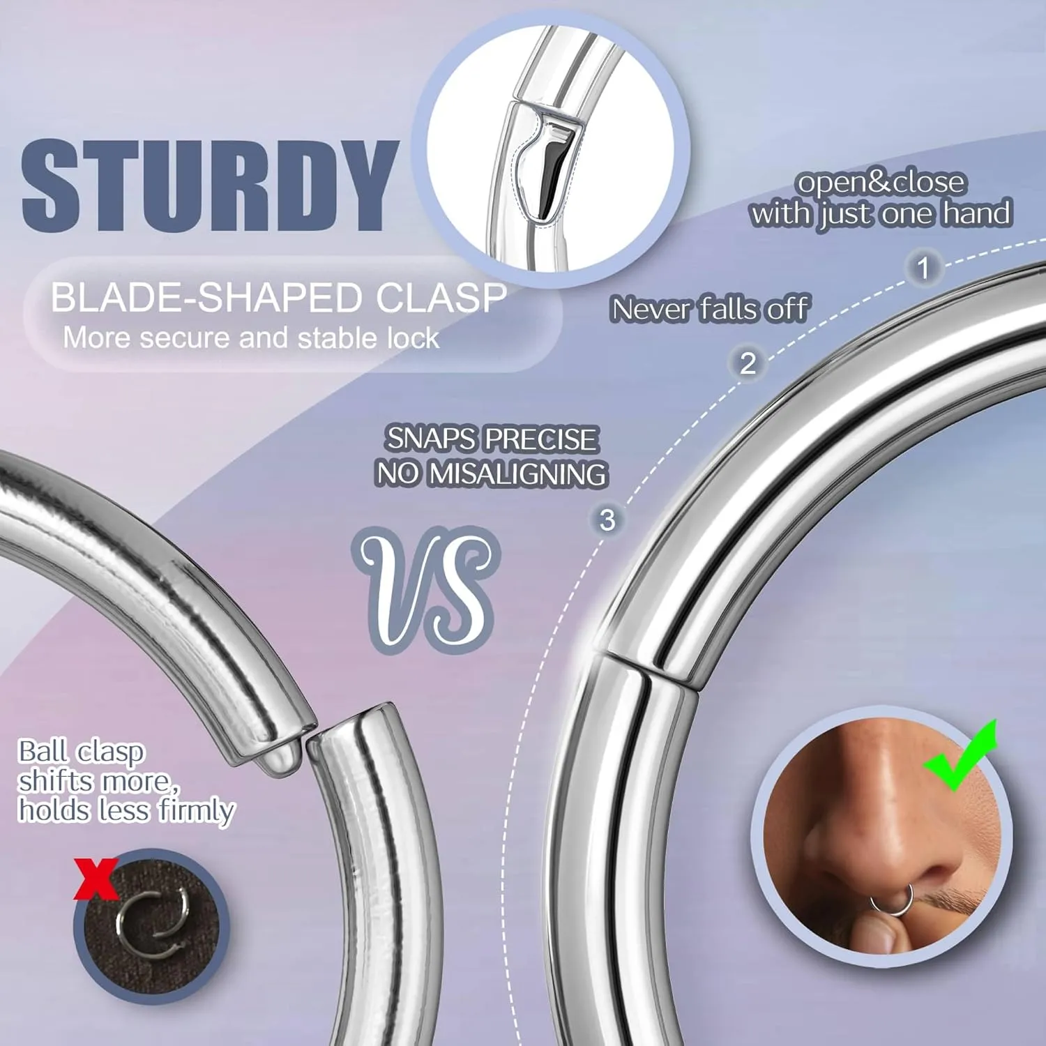 BodyBonita 2nd Gen Locking Nose Rings Hoops 316L Surgical Steel 16/18G Septum Lip Rings Conch Piercing Jewelry 7/8/9/10mm