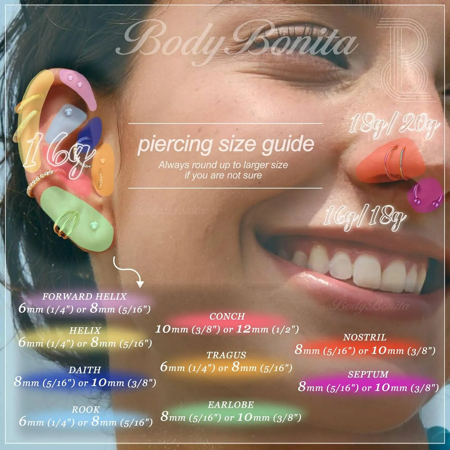BodyBonita 2nd Gen Locking Nose Rings Hoops 316L Surgical Steel 16/18G Septum Lip Rings Conch Piercing Jewelry 7/8/9/10mm